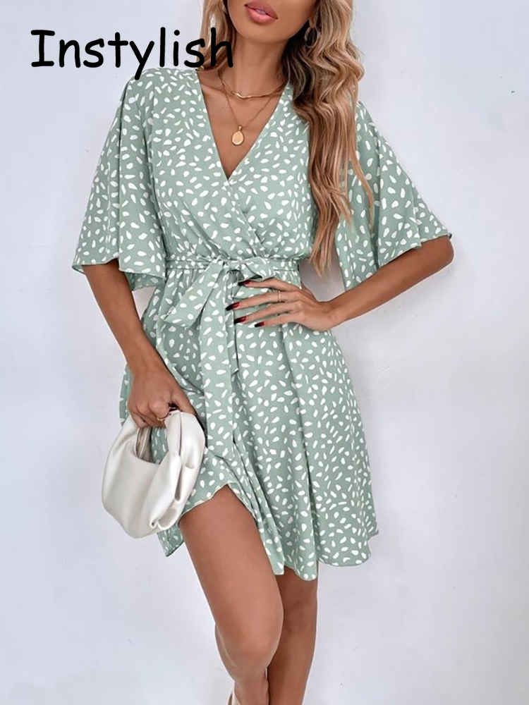 French Vintage Floral Midi Dress - Casualowa nadruk w kropki Mini sukienka