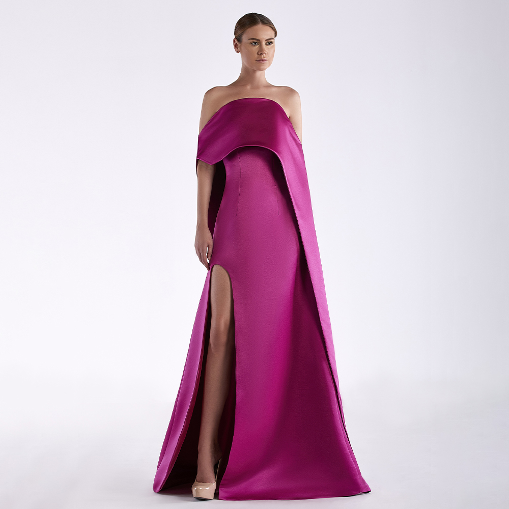 Elegant Satin Evening Gown Split - Fuksja satynowa suknia wieczorowa bez ramiączek