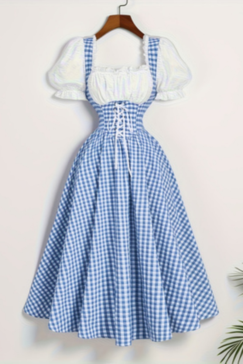 French Vintage Floral Midi Dress - Sukienka damska w niebiesko-białą kratę z