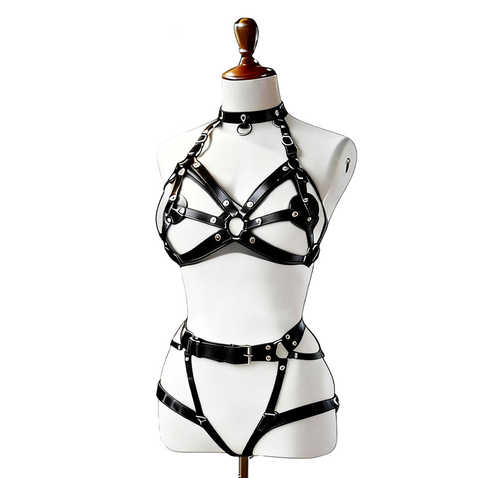 Lingerie - Damska seksowna skórzana bielizna, uprząż na