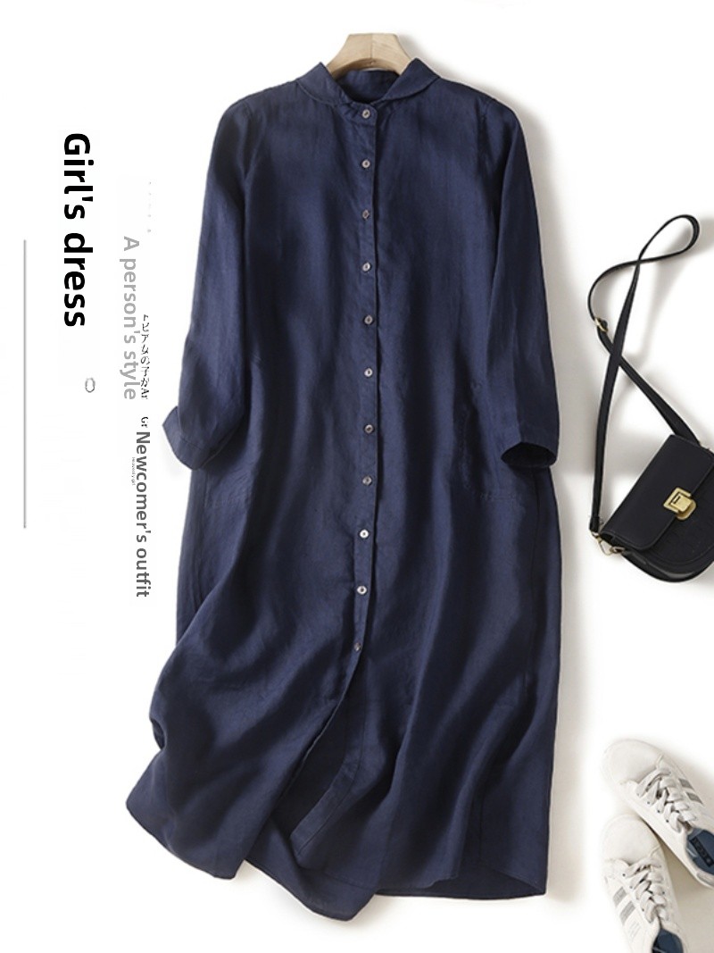Casual Loose Linen Shirt Dress - Sukienka koszulowa damska midi z mieszanki