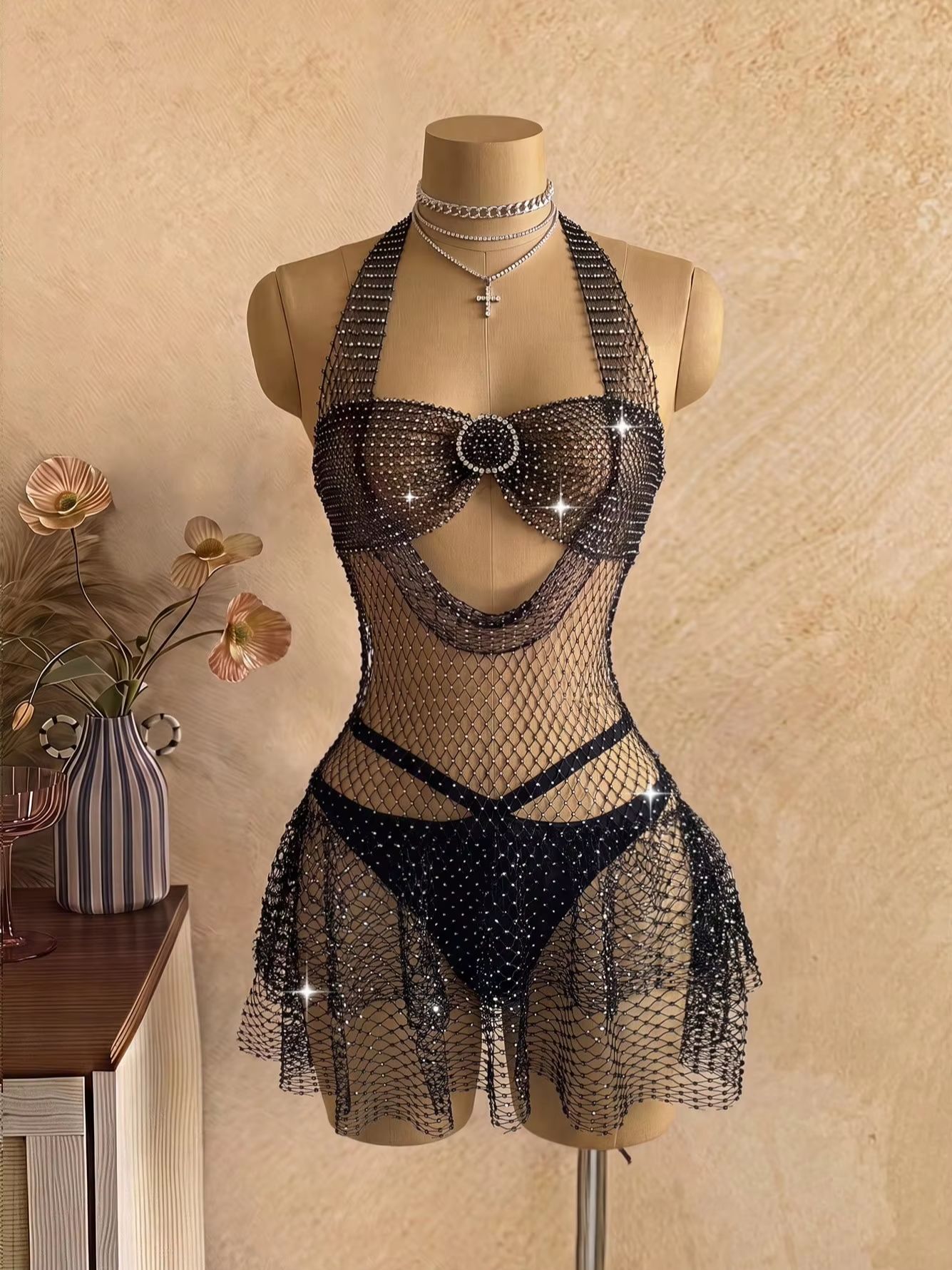 Czarna sukienka z siateczki i  – Sparkly Rhinestone Club Party Dress recenzja i cena
