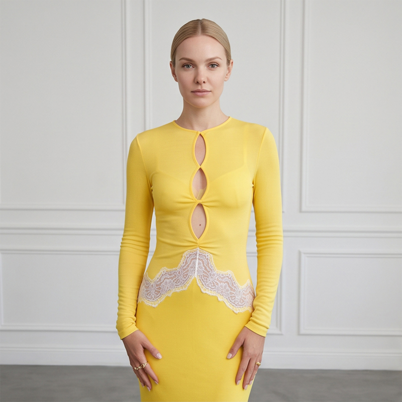 Damska żółta koronkowa sukienk – Bodycon Long Sleeve Ribbed Dress recenzja i cena