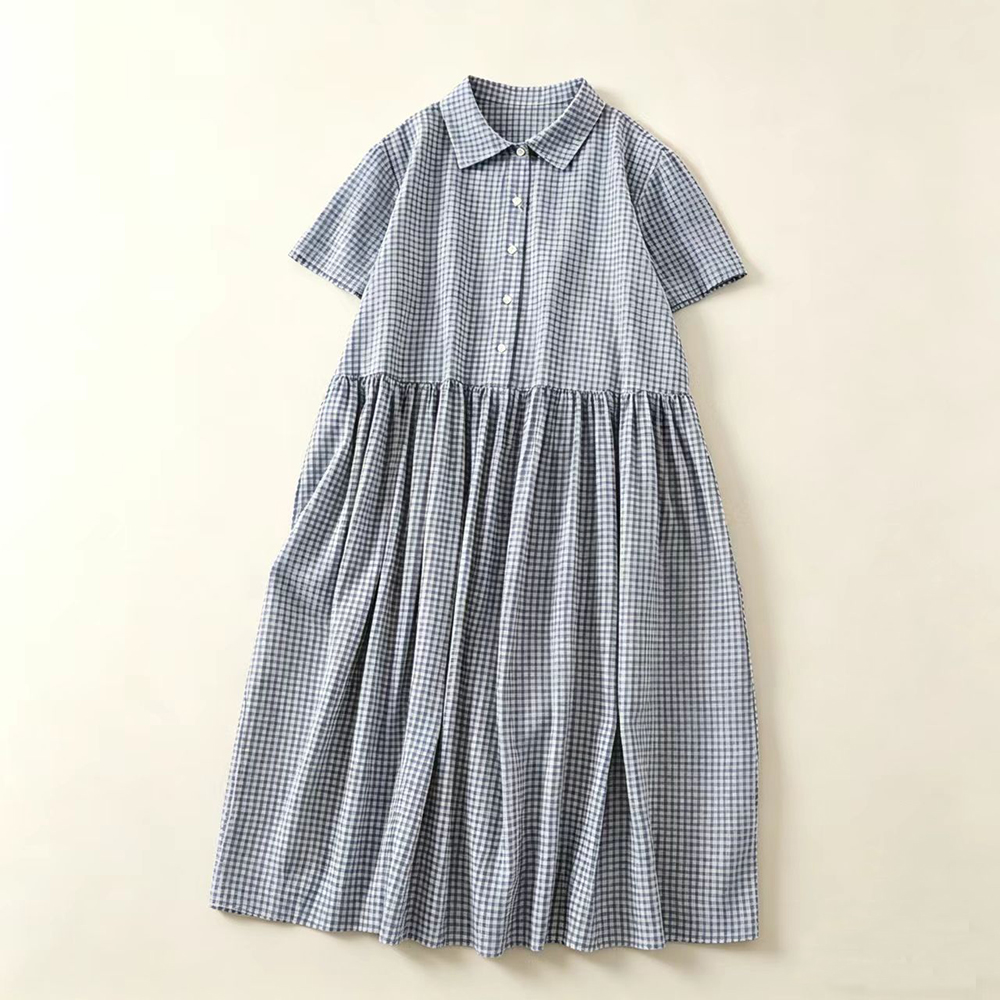 Niebieska Sukienka Midi w Krat – Casual Loose Linen Shirt Dress recenzja i cena